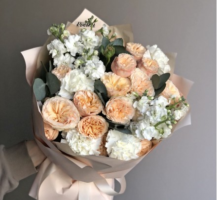 Bouquet of flowers №245 of peony roses, carnation, mattiola