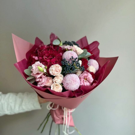 Bouquet of flowers №128 of eustoma, peony roses, chrysanthemums, hydrangea