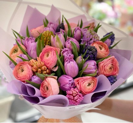 Bouquet of flowers №109 from ranunculus, peony tulips, hyacinths