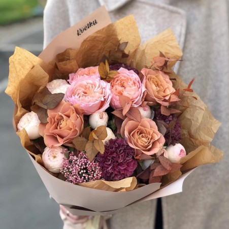 Bouquet of flowers №13 of peony roses, ozothamnus, carnations, eucalyptus