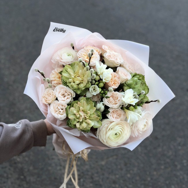 Bouquet of flowers №239 of peony roses, ranunculus, tulips